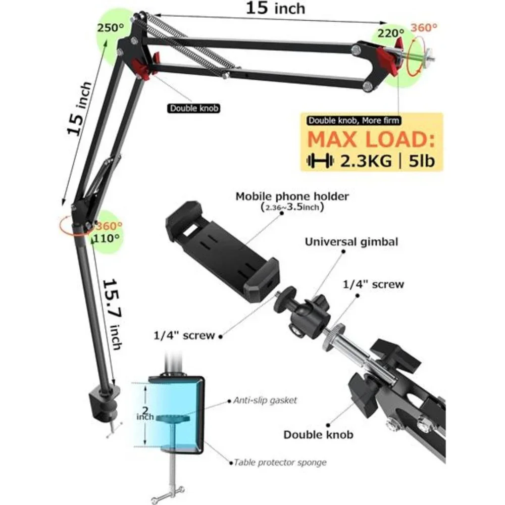 Overhead Camera Mount, 5lb Horizontal Load-Bearing, 360° Adjustable Camera Stand